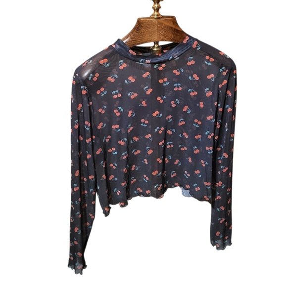 Asos Black Cherry Mesh Sheer Long Sleeve Ruffled Hem Cropped Shirt Size 14 - Picture 2 of 6